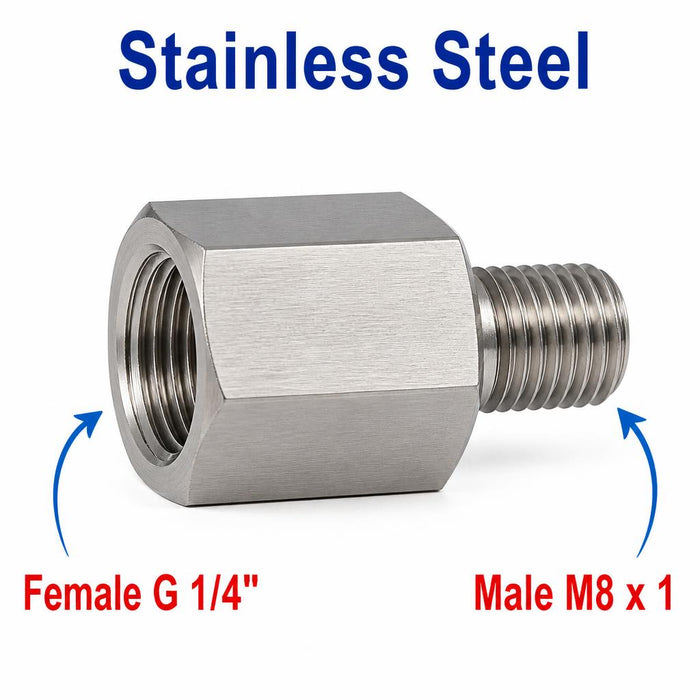 Stainless steel BSP G 1/4 inch female to M8x1 male sensor adaptor fitting for conversion, MC Motoparts APS adaptor fitting.