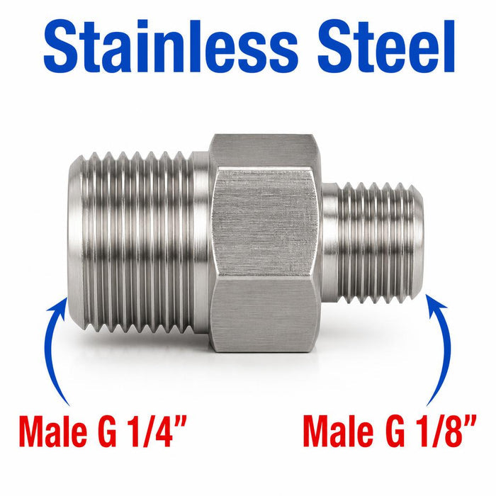 MC Motoparts BSP G 1/4 inch male to G 1/8 inch male stainless steel sensor adaptor fitting for conversion.