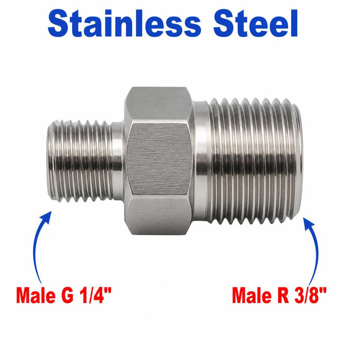 Stainless steel BSP G 1/4 inch male to BSPT R 3/8 inch male sensor adaptor fitting for conversion, made by MC Motoparts.