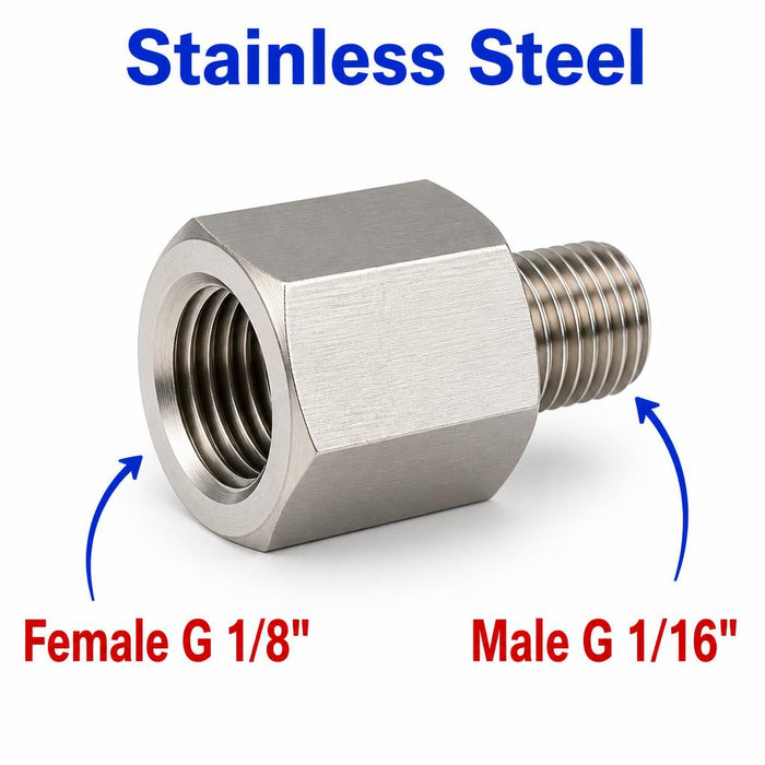 Stainless steel MC Motoparts BSP G 1/8 inch female to G 1/16 inch male sensor adaptor fitting for conversion.