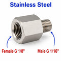 Stainless steel MC Motoparts BSP G 1/8 inch female to G 1/16 inch male sensor adaptor fitting for conversion.