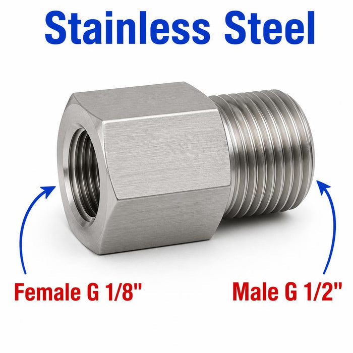 Stainless steel BSP G 1/8 inch female to BSP G 1/2 inch male sensor adaptor fitting for plumbing and hydraulic connections.