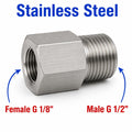 Stainless steel BSP G 1/8 inch female to BSP G 1/2 inch male sensor adaptor fitting for plumbing and hydraulic connections.