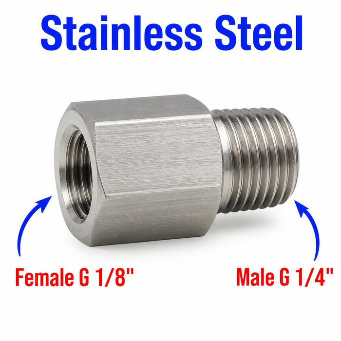 Stainless steel BSP G 1/8 female to BSP G 1/4 inch male sensor adaptor fitting for conversion, shown on black background