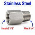 Stainless steel BSP G 1/8 female to BSP G 1/4 inch male sensor adaptor fitting for conversion, shown on black background