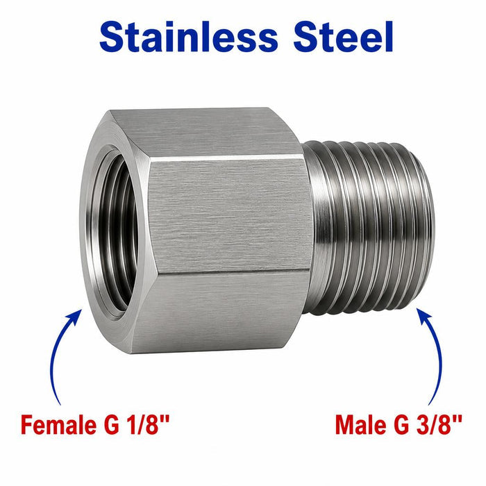 Stainless steel BSP G 1/8 inch female to BSP G 3/8 inch male sensor adaptor fitting for hydraulic or pneumatic connections.