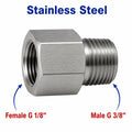 Stainless steel BSP G 1/8 inch female to BSP G 3/8 inch male sensor adaptor fitting for hydraulic or pneumatic connections.