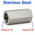 Stainless steel MC Motoparts BSP G 1/8 inch female to BSPT tapered R 1/8 inch female sensor adaptor fitting for conversion.