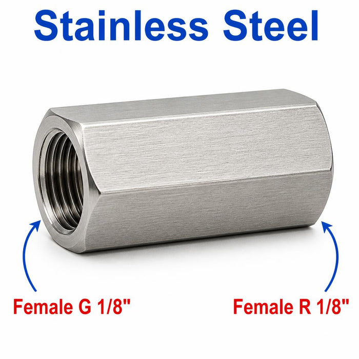 Stainless steel MC Motoparts BSP G 1/8 inch female to BSPT tapered R 1/8 inch female sensor adaptor fitting for conversion.