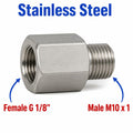 Stainless steel BSP G 1/8 inch female to M10x1 male sensor adaptor fitting for conversions, by MC Motoparts.