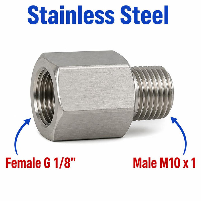 Stainless steel BSP G 1/8 inch female to M10x1 male sensor adaptor fitting for conversions, by MC Motoparts.
