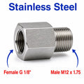 Stainless steel MC Motoparts BSP G 1/8 inch female to M12x1.75 male sensor adaptor fitting for conversion and sensor connections.