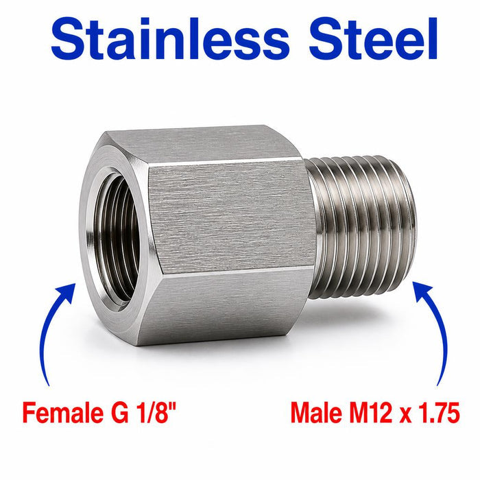 Stainless steel MC Motoparts BSP G 1/8 inch female to M12x1.75 male sensor adaptor fitting for conversion and sensor connections.