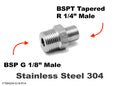 Stainless steel BSP G 1/8 inch male to BSPT R 1/4 inch male sensor adaptor fitting for hydraulic or pneumatic connections.