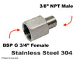 Stainless steel BSP G 3/4 inch female to 3/8 inch NPT male sensor adaptor fitting for hydraulic or fluid connections.