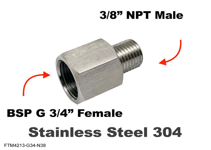 Stainless steel BSP G 3/4 inch female to 3/8 inch NPT male sensor adaptor fitting for hydraulic or fluid connections.
