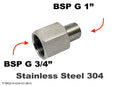 Stainless steel BSP G 3/4 inch female to 1 inch male sensor adaptor fitting for fluid connections, by MC Motoparts.
