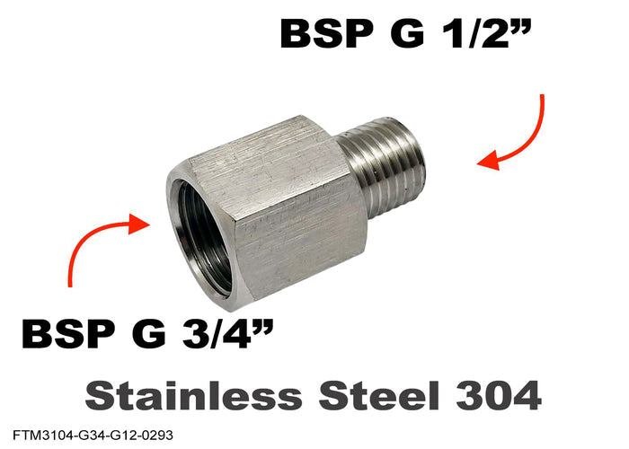 Stainless steel BSP G 3/4 inch female to BSP G 1/2 inch male sensor adaptor fitting for plumbing or automotive use.