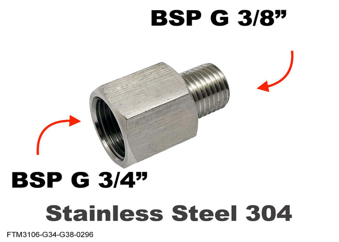BSP G 3/4 inch female to BSP G 3/8 inch male stainless steel sensor adaptor fitting for conversion, by MC Motoparts.