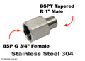 Stainless steel BSP G 3/4 inch female to BSPT R 1 inch male sensor adaptor fitting for fluid connections.