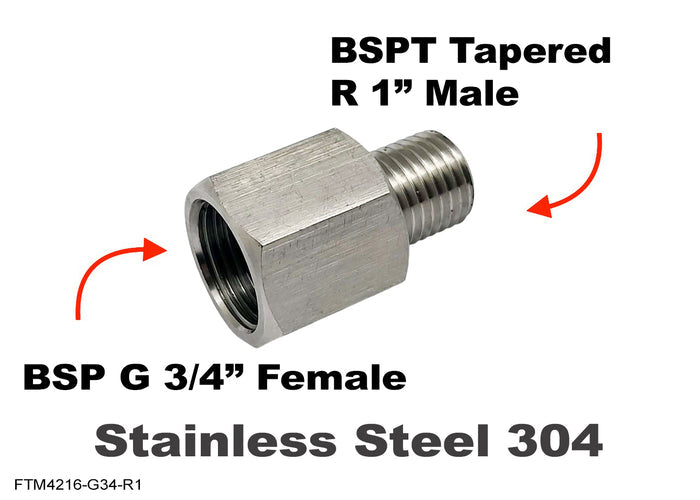 Stainless steel BSP G 3/4 inch female to BSPT R 1 inch male sensor adaptor fitting for fluid connections.