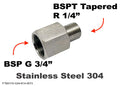 Stainless steel BSP G 3/4 inch female to BSPT R 1/4 inch male sensor adaptor fitting for fluid connections.
