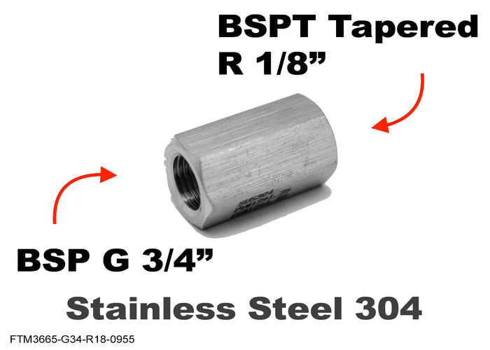 Stainless steel BSP G 3/4 inch female to BSPT R 1/8 inch female sensor adaptor fitting for fluid connections