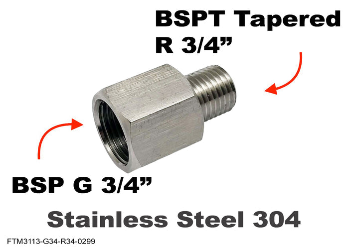 Stainless steel BSP G 3/4 inch female to BSPT tapered male sensor adaptor fitting for hydraulic or pneumatic connections.