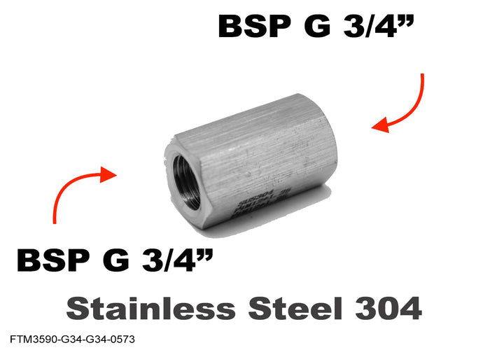 Stainless steel BSP G 3/4 inch female to female sensor adaptor fitting for plumbing or hydraulic connections.