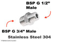 Stainless steel BSP G 3/4 inch Male to BSP G 1/2 inch Male sensor adaptor fitting for conversion and piping connections.