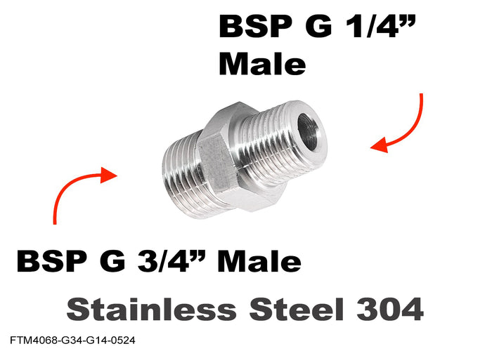 Stainless steel BSP G 3/4 inch male to BSP G 1/4 inch male sensor adaptor fitting for conversion by MC Motoparts.