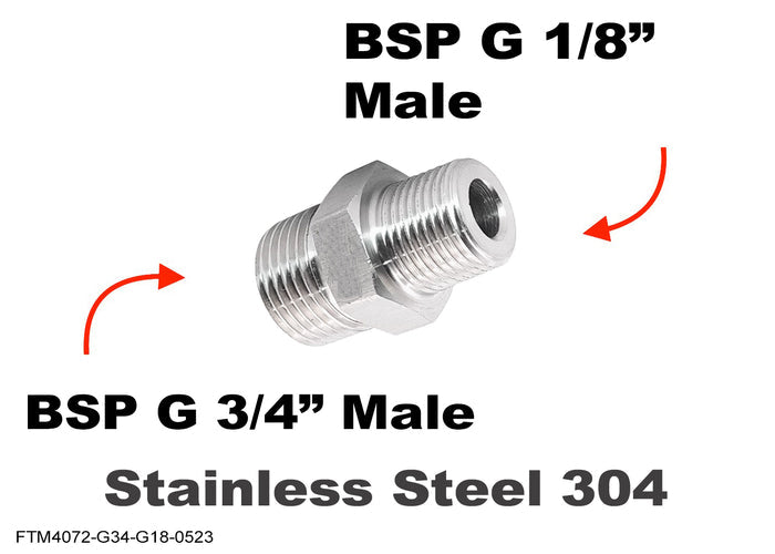 Stainless steel BSP G 3/4 inch male to BSP G 1/8 inch male sensor adaptor fitting for conversion, by MC Motoparts.