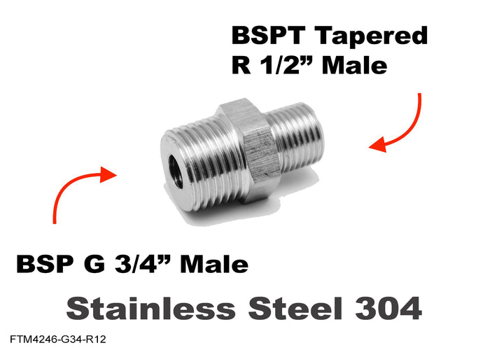 Stainless steel BSP G 3/4 inch male to BSPT R 1/2 inch male sensor adaptor fitting for fluid connections.