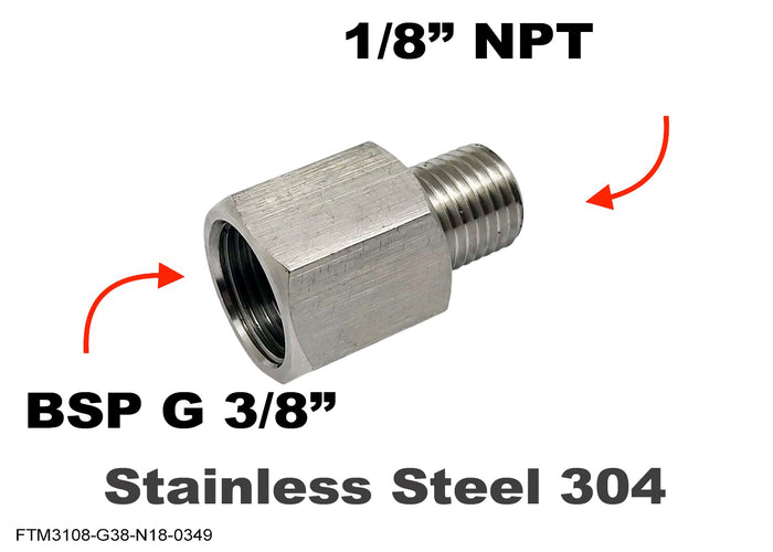 MC Motoparts BSP G 3/8 inch female to 1/8 inch NPT male stainless sensor adaptor fitting for conversion.