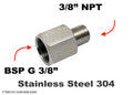 Stainless BSP G 3/8 inch female to 3/8 inch NPT male sensor adaptor fitting by MC Motoparts showing threaded ends