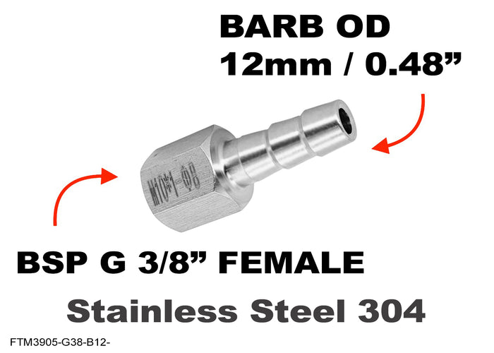 Stainless steel BSP G 3/8 inch female to 12mm barb hose connector adaptor fitting for fluid connections.