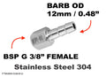 Stainless steel BSP G 3/8 inch female to 12mm barb hose connector adaptor fitting for fluid connections.