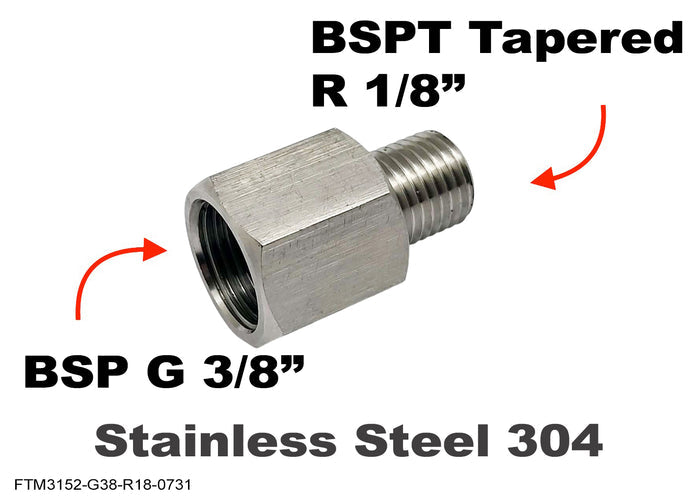 Stainless steel BSP G 3/8 inch female to BSPT R 1/8 inch male adaptor fitting for sensor connections, by MC Motoparts