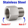 Stainless steel BSPT tapered sensor adaptor fitting with 1-inch female R and 1-inch male G threads, designed for conversion.