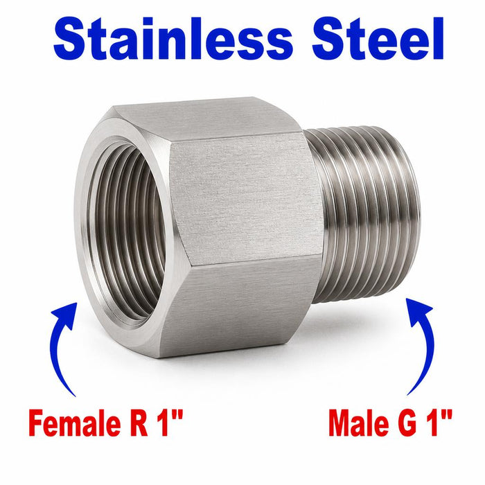 Stainless steel BSPT tapered sensor adaptor fitting with 1-inch female R and 1-inch male G threads, designed for conversion.