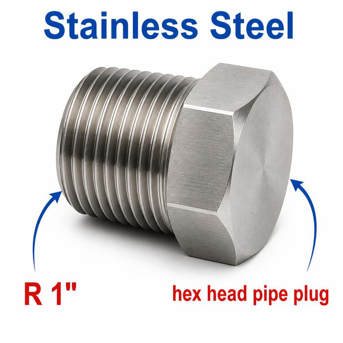 Stainless steel 1-inch BSPT tapered hex head pipe plug, threaded fitting block off cap for APS adaptor fittings by MC Motoparts.