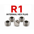 Set of 5 stainless steel BSPT tapered R 1-inch hex socket pipe plugs, ideal for plumbing and fitting conversions by MC Motoparts.