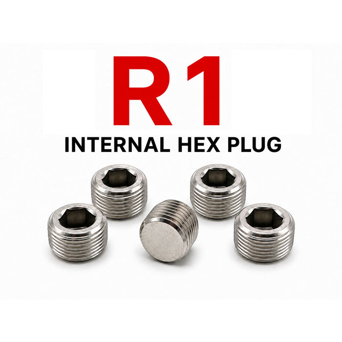 Set of 5 stainless steel BSPT tapered R 1-inch hex socket pipe plugs, ideal for plumbing and fitting conversions by MC Motoparts.