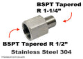Stainless steel BSPT tapered adaptor fitting with 1/2 inch female and 1-1/4 inch male connectors for sensor conversion.