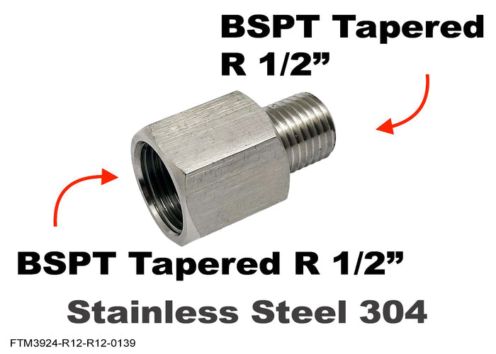 Stainless steel BSPT tapered R 1/2 inch female to male sensor adaptor fitting, MC Motoparts conversion fitting for automotive use