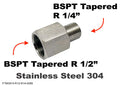 Stainless steel BSPT tapered adaptor fitting converting 1/2 inch female to 1/4 inch male for sensor connections.
