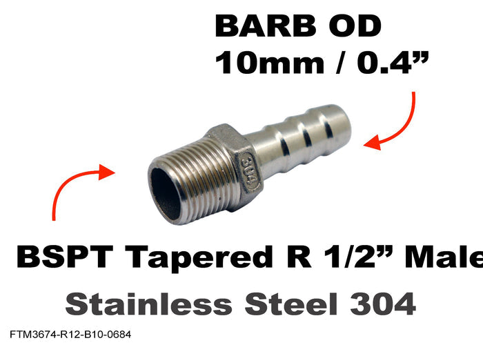 Stainless steel BSPT tapered male to 10mm OD barb hose adapter fitting for conversion in MC Motoparts' universal fittings collection.