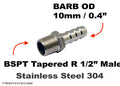 Stainless steel BSPT tapered male to 10mm OD barb hose adapter fitting for conversion in MC Motoparts' universal fittings collection.