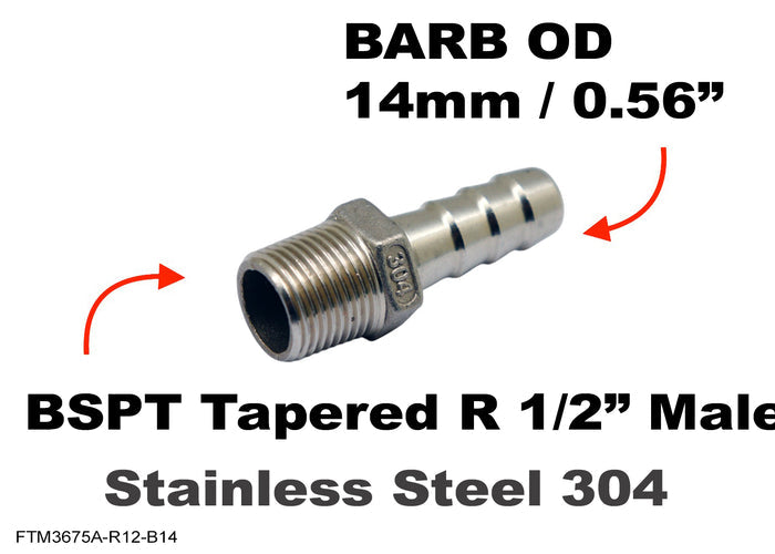 Stainless steel BSPT tapered R 1/2 inch male to 14mm barb hose fitting adaptor for fluid connection.
