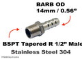 Stainless steel BSPT tapered R 1/2 inch male to 14mm barb hose fitting adaptor for fluid connection.
